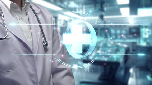 Close up of skilled doctor pointing at medical cross and standing at laboratory. Professional general practitioner checking and accessing medical data or research while diagnosis symptom. Remedial.