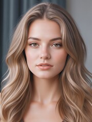 Fototapeta premium Beautiful Woman with Long Wavy Hair and Soft Features