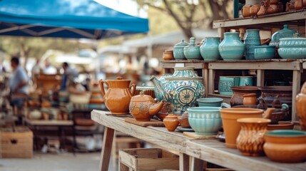 Fototapeta premium Collection vintage pottery items display outdoor market are household objects