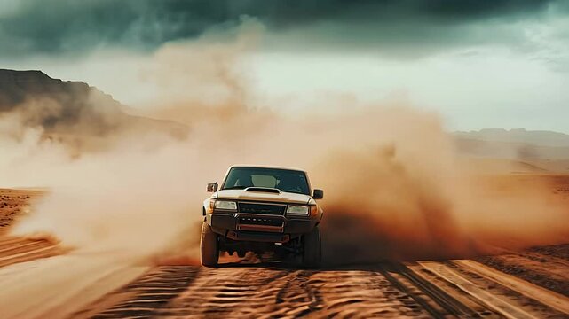 Experience the thrill of an off-road adventure as a vehicle navigates the sandy terrain of a vast desert. Dust trails and dramatic skies enhance this captivating exploration of nature at its best.
