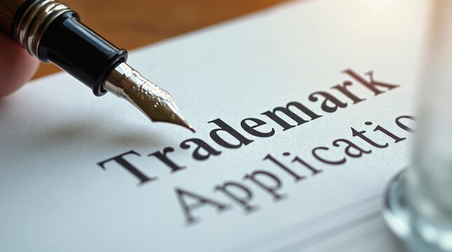 Trademark application document with fountain pen and glass