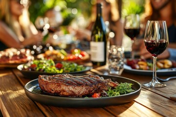 Group people sitting around wooden table outdoor restaurant backyard dinner