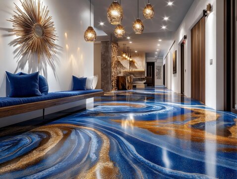 Modern luxurious living room high ceiling long hallway interior featuring marbled