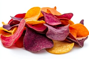 Pile colorful potato chips are various shades organic vegetable made