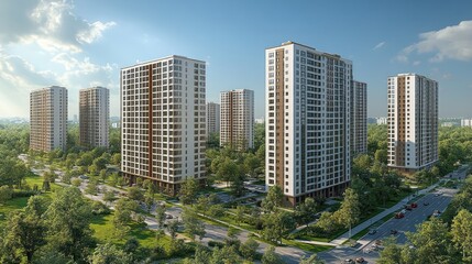Obraz premium Modern residential buildings surrounded by greenery and roads.