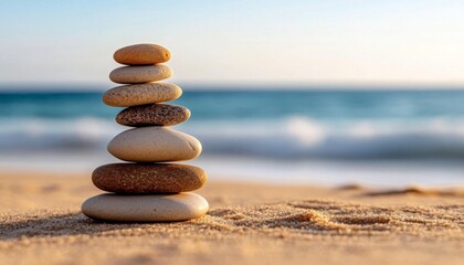 Stack pebbles sandy beach ocean background stones are minimalist zen stone