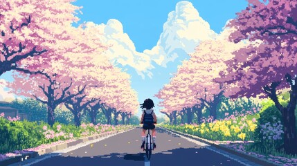 Obraz premium 8-bit anime character riding a bike along a quiet pixelated road lined with blooming trees.