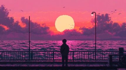 Fototapeta premium 8-bit anime character standing on a pier watching the pixelated waves under a pink sunset sky.