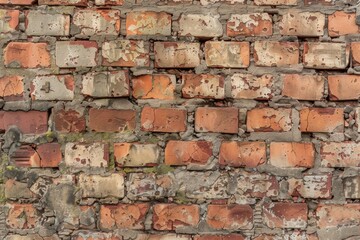 Obraz premium A textured brick wall showing weathered and aged bricks with peeling paint.