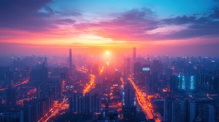Obraz premium Sunset over city skyline urban landscape night view