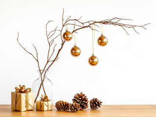 Dry branches in glass vase with golden Christmas glass decorated balls