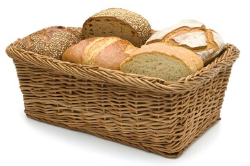 A rustic breadbasket filled with various gluten-free bread types on a clean white surface. Warm light. Clean background for National Gluten-Free Day. 