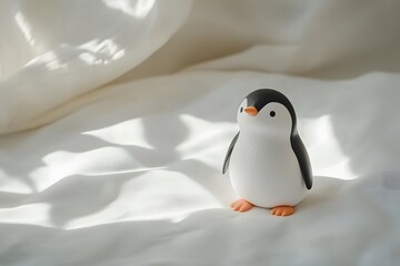 Obraz premium A cute illustration of a single penguin on a white canvas. Soft lighting. Minimal background for Penguin Awareness Day