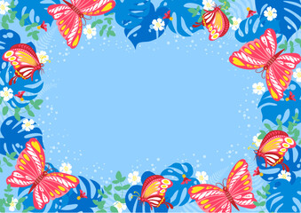 Background nature freehand butterfly, Leaf background. Leaf nature style with space for text - design for  background social media, postcards, poster, business card, flyer, brochure other.