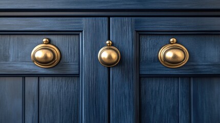 Close-up of a blue cabinet with brass knobs.