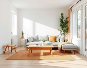 A modern, minimalist living room with a gray sofa, wooden coffee table, and potted plants. The room has large windows that let in plenty of natural light, creating a bright and airy atmosphere