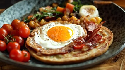 A vibrant breakfast plate showcases a perfectly cooked egg, crispy bacon, and a colorful medley of tomatoes and vegetables. A wholesome start to the day awaits.