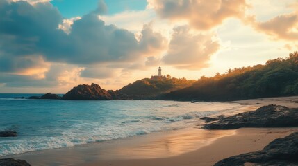 Obraz premium Coastal Lighthouse Sunset Ocean Waves, Rocky Beach, Tropical Scene