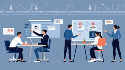 Depict an AI-enhanced HR department, with virtual interviews, automated candidate screening, and digital onboarding processes in a modern, tech-savvy office.