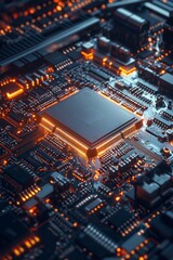 Obraz premium A close-up shot of an integrated circuit on the mainboard, showcasing its intricate design and technology.