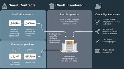 Create a visual representation of smart contracts, with digital signatures, blockchain integrations, and automated approval processes in a business setting.