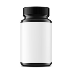 Plastic black packer pill bottle mockup with label for treats, vitamins, supplements isolated on white background. Vector illustration. ready for your design. EPS10
