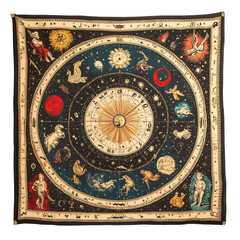 Naklejka premium Zodiac Tapestry, A fabric tapestry featuring zodiac signs and cosmic motifs, isolated on white background