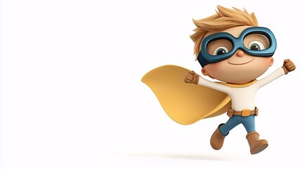 Fototapeta premium 3D Cartoon Character of a Cute Superhero Boy with Blonde Hair Wearing a Blue Mask and Yellow Cape, Joyfully Running with a Cheerful Expression in a Playful Style