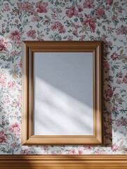 Blank photo frame mock up mount on wall with vintage flowers wallpaper. Concept of Art Gallery, Picture Exhibition, Old Fashion