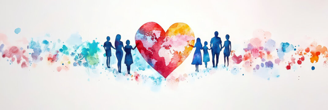 Celebrating World health day with colorful family unity and global wellness theme. Horizontal banner. Copy space. Watercolor illustration. Silhouettes of people next to a heart with a world map