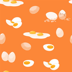 Dynamic bright seamless pattern. Hand drawn vector illustration. Fried, peeled and boiled eggs on an orange background.