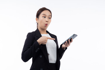 Portrait young asian businesswoman in suit gesture surprised while looking smartphone isolated white background, business woman excited with amazed while looking smart phone, business concept.