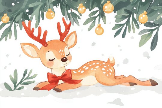 Whimsical watercolor illustration christmas theme,  A cute, illustrated deer resting in the snow, adorned with a red bow, surrounded by festive greenery and ornaments.