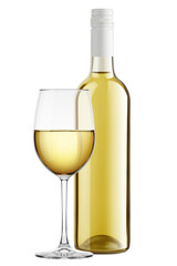 Wine Bottle, Wineglass, isolated on white background, full depth of field