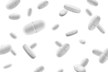 Falling Pill isolated on white background, selective focus