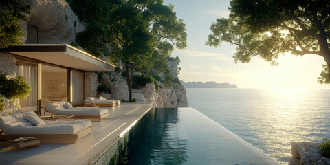 Fototapeta premium Tourist apartments in Greece on the seashore.AI generative.