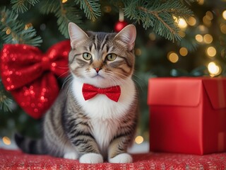 christmas cat wearing red bow tie on bokeh background. christmas tree behind.