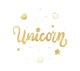 Unicorn text. Vector text with silver stars and handwritten curved font. Gold. Stars
