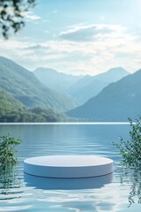 A white circular podium floats on the lake, with a blue sky and green mountains in the background. The water surface reflects the sunlight. generative ai