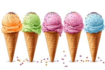 illustration of an ice cream set. Different types and tastes of cold desserts cups cones soft serve bars sticks popsicles frozen juice in waffles and on sticks. Vintage hand-drawn style generative ai	