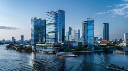 Fototapeta premium Stunning Modern Skyscrapers Reflecting on Water