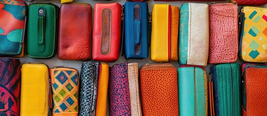 Vibrant pencil cases in various materials and designs, neatly displayed,