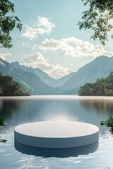 A white circular podium floats on the lake, with a blue sky and green mountains in the background. The water surface reflects the sunlight. generative ai
