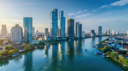 Fototapeta premium Modern skyline with river view in vibrant cityscape