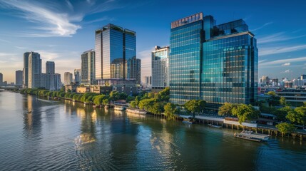 Obraz premium Modern City Skyline Reflected in Water at Dusk