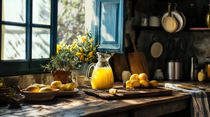 Fototapeta premium Lemon olive oil cake with lemon glaze, rustic Italian kitchen setting 