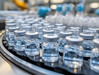 pharmaceutical production line, workers in lab coats and masks . AI generative.