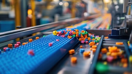 Obraz premium Colorful Plastic Toy Pieces Conveyor Belt Manufacturing Process