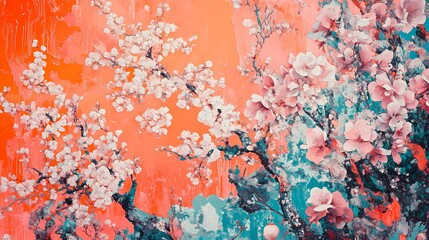 Fototapeta premium Retro traditional pink cherry blossom garden landscape illustration poster background