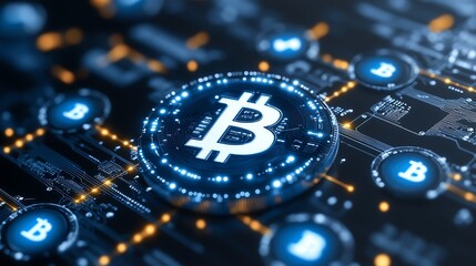 Abstract digital cryptocurrency concept showcasing Bitcoin symbols and circuits.
